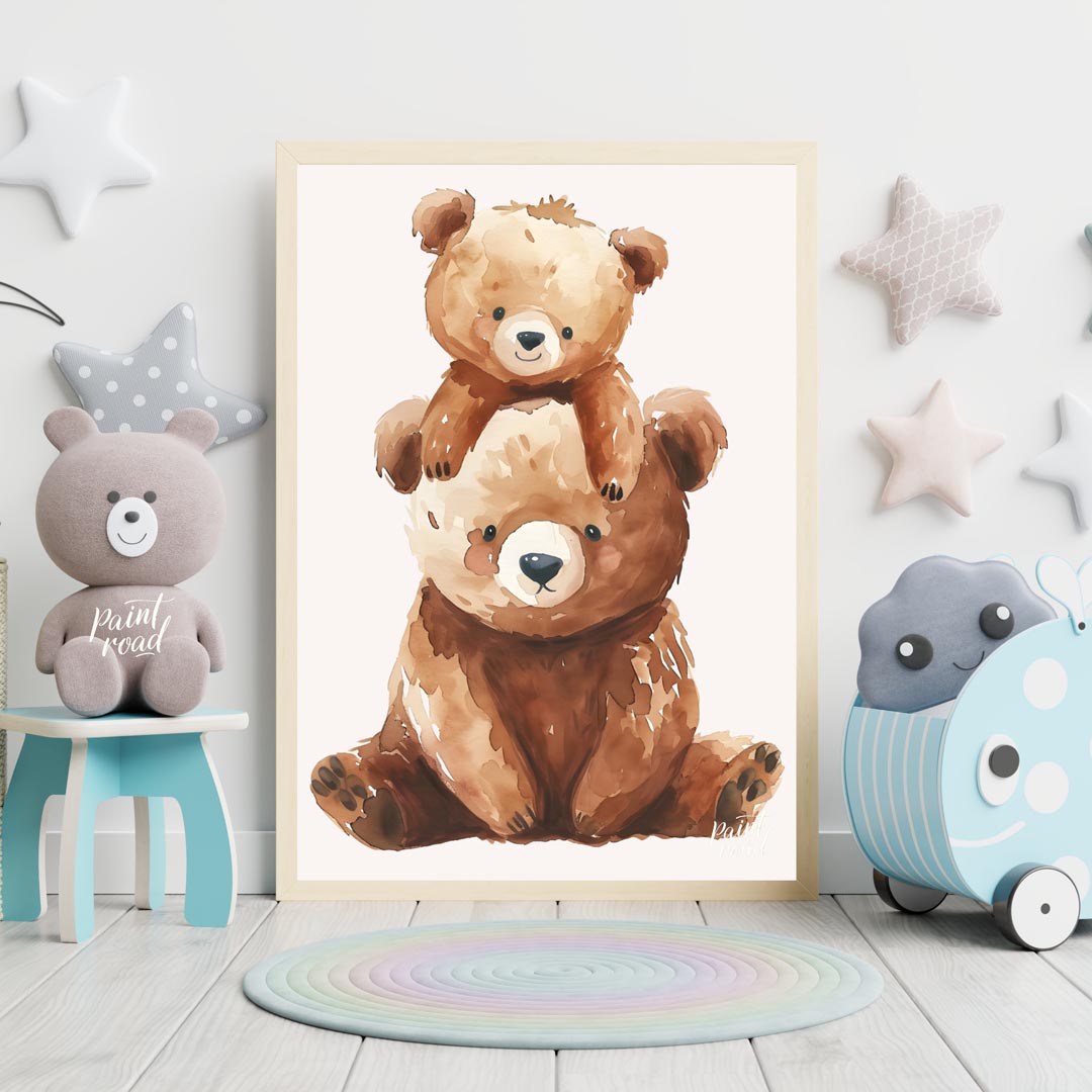 This heartwarming watercolor illustration features two adorable brown bears, a larger one serving a… for nursery