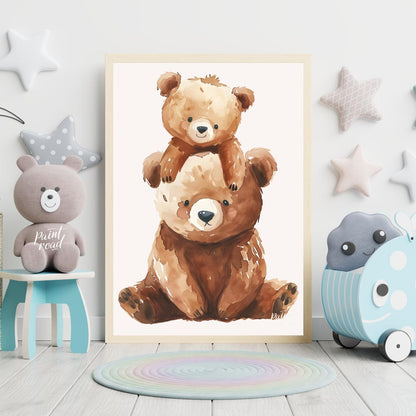 This heartwarming watercolor illustration features two adorable brown bears, a larger one serving a… for nursery