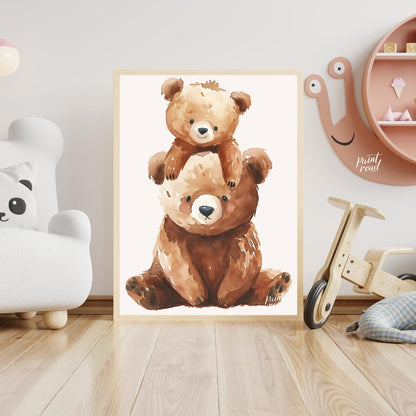 This heartwarming watercolor illustration features two adorable brown bears, a larger one serving a… for nursery