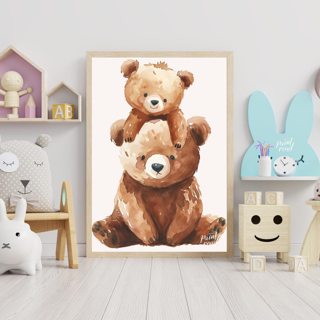 This heartwarming watercolor illustration features two adorable brown bears, a larger one serving a… for nursery