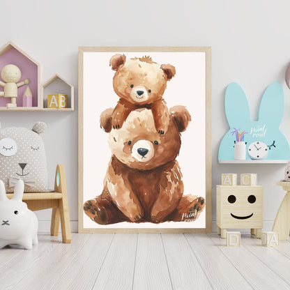 This heartwarming watercolor illustration features two adorable brown bears, a larger one serving a… for nursery