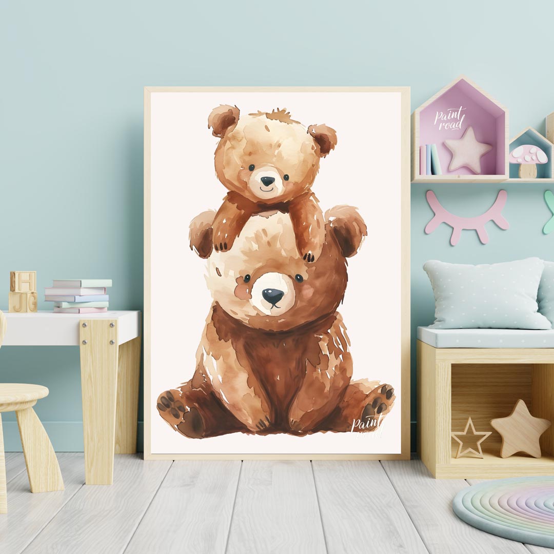 This heartwarming watercolor illustration features two adorable brown bears, a larger one serving a… for nursery