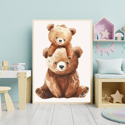 This heartwarming watercolor illustration features two adorable brown bears, a larger one serving a… for nursery