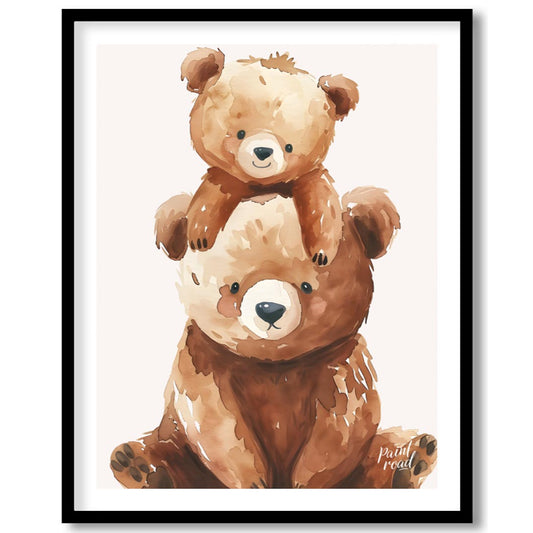 This heartwarming watercolor illustration features two adorable brown bears, a larger one serving a… for place