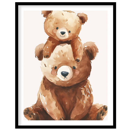 This heartwarming watercolor illustration features two adorable brown bears, a larger one serving a… for place