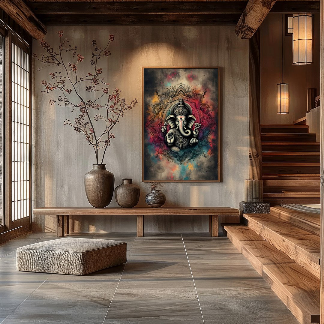 Embrace the spiritual aura of 'Mandala Ganesha: Divine Serenity,' a stunning fusion of traditional for Hall