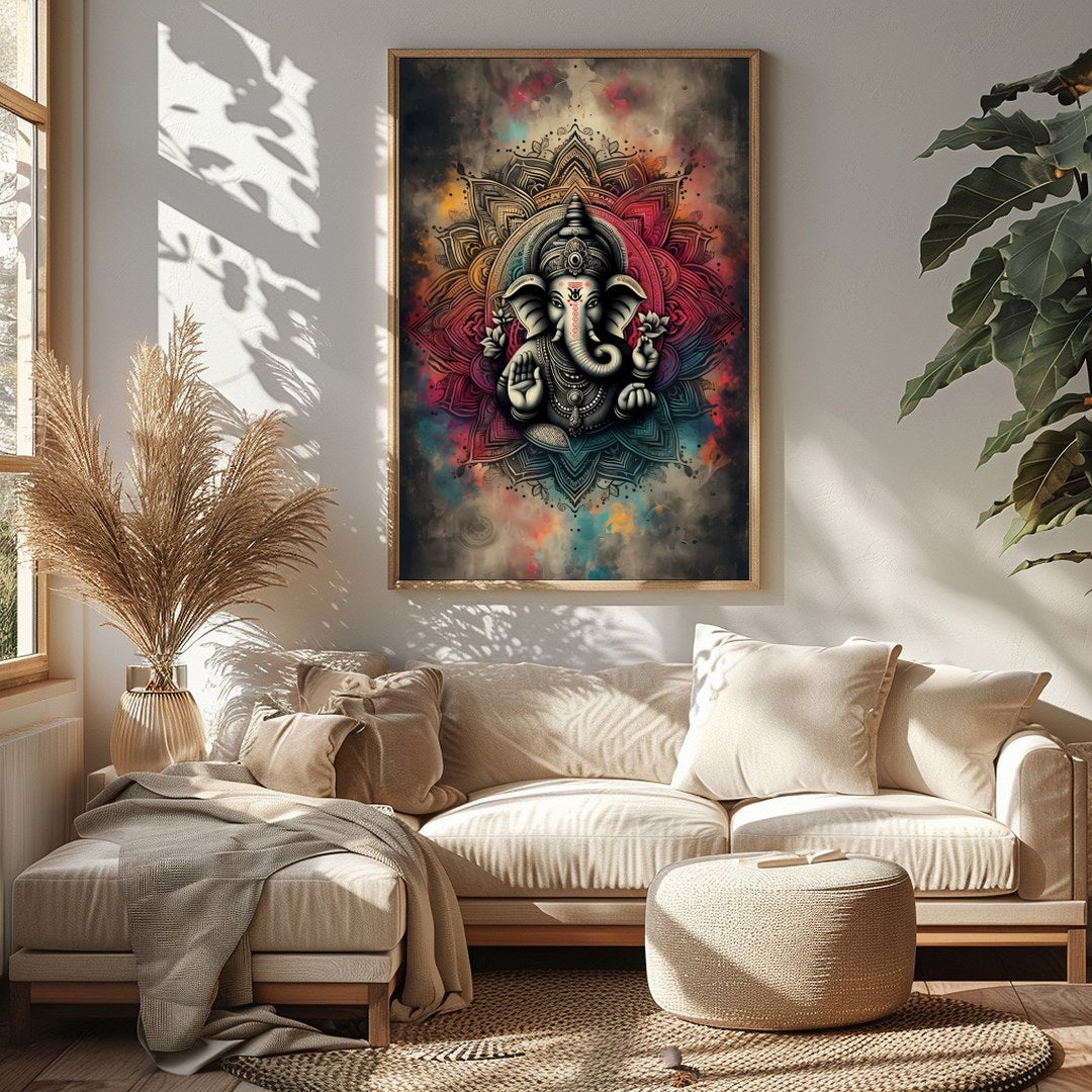 Embrace the spiritual aura of 'Mandala Ganesha: Divine Serenity,' a stunning fusion of traditional for Sitting Area