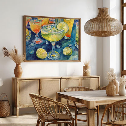 A vibrant and refreshing watercolor painting capturing the allure of a perfectly chilled margarita.… for dining room