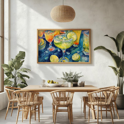 A vibrant and refreshing watercolor painting capturing the allure of a perfectly chilled margarita.… for dining room
