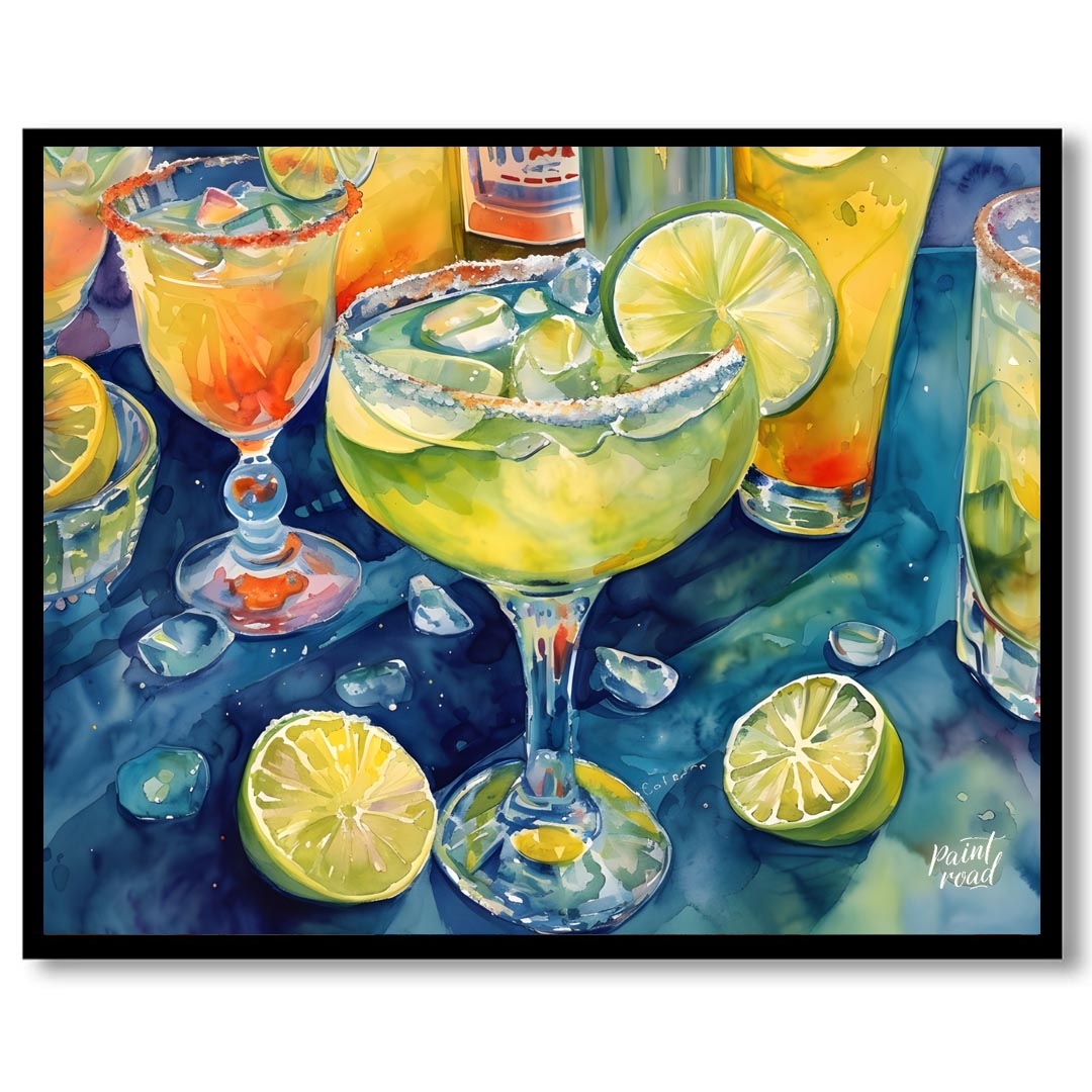 A vibrant and refreshing watercolor painting capturing the allure of a perfectly chilled margarita.… for house