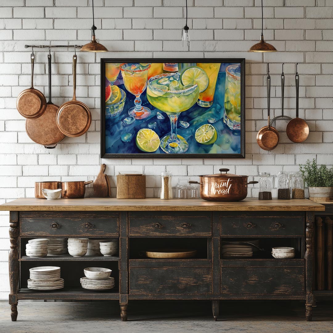 A vibrant and refreshing watercolor painting capturing the allure of a perfectly chilled margarita.… for kitchen