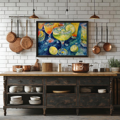 A vibrant and refreshing watercolor painting capturing the allure of a perfectly chilled margarita.… for kitchen