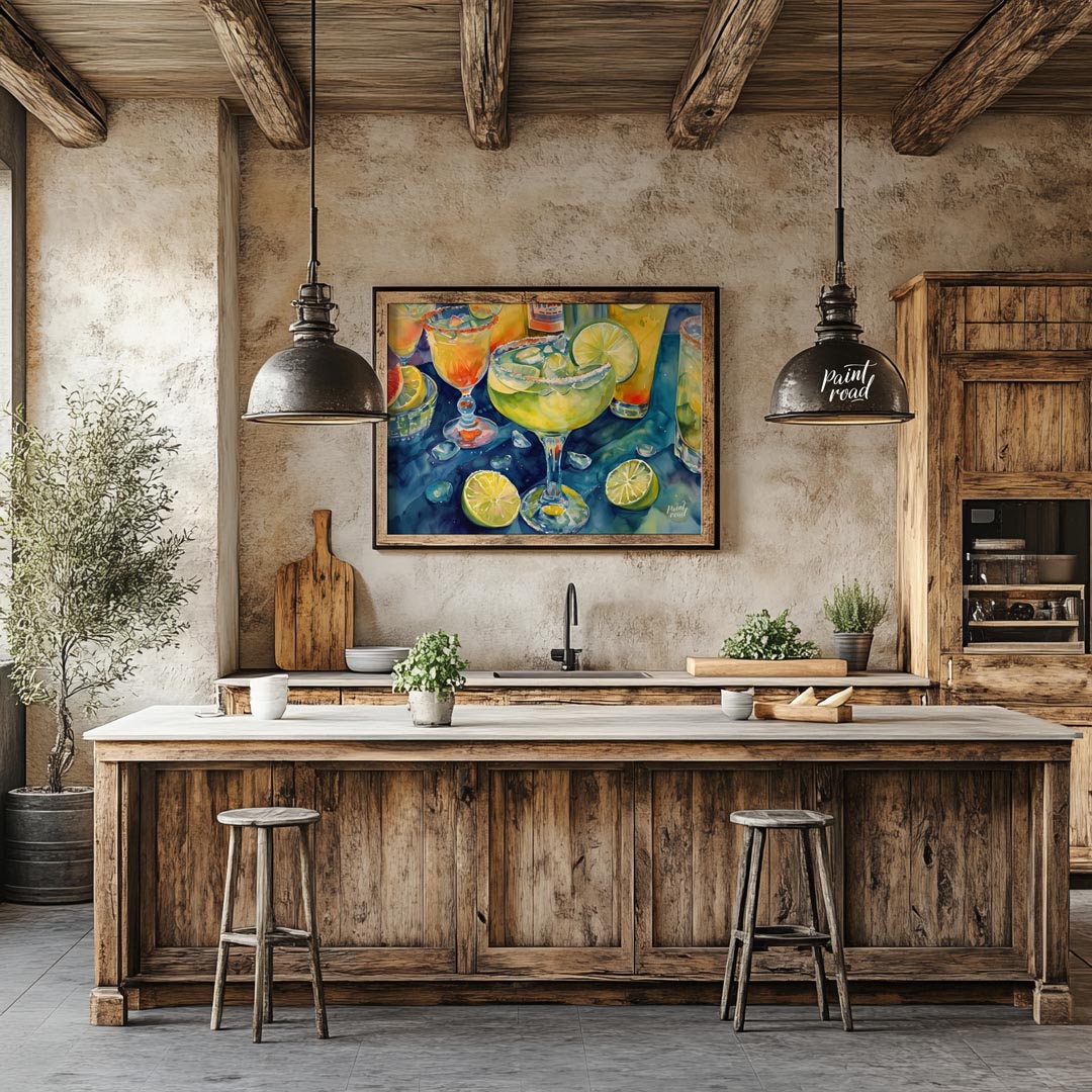 A vibrant and refreshing watercolor painting capturing the allure of a perfectly chilled margarita.… for kitchen
