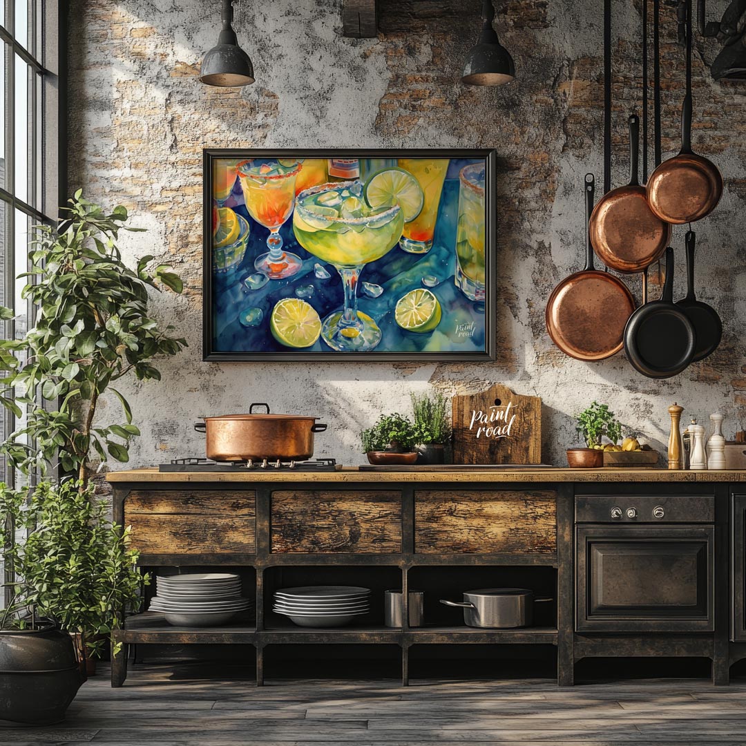 A vibrant and refreshing watercolor painting capturing the allure of a perfectly chilled margarita.… for kitchen