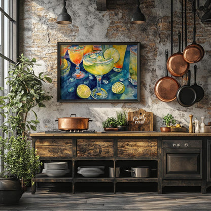 A vibrant and refreshing watercolor painting capturing the allure of a perfectly chilled margarita.… for kitchen