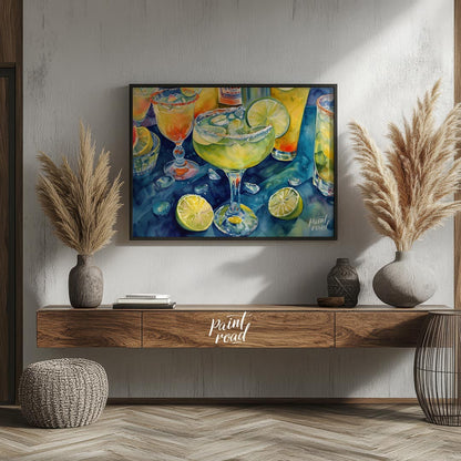 A vibrant and refreshing watercolor painting capturing the allure of a perfectly chilled margarita.… for living room