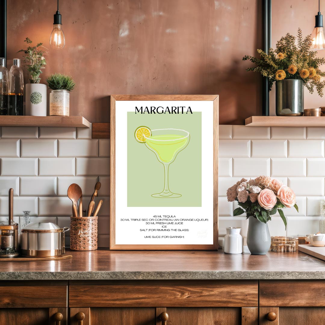 This iconic minimalist poster beautifully depicts a classic Margarita. The drink is presented in a … for kitchen