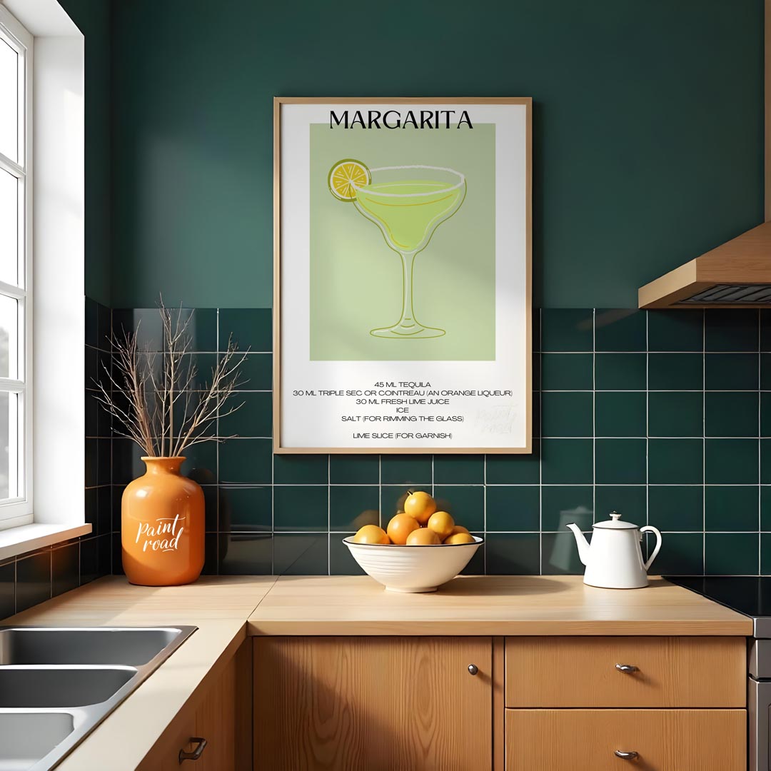 This iconic minimalist poster beautifully depicts a classic Margarita. The drink is presented in a … for kitchen