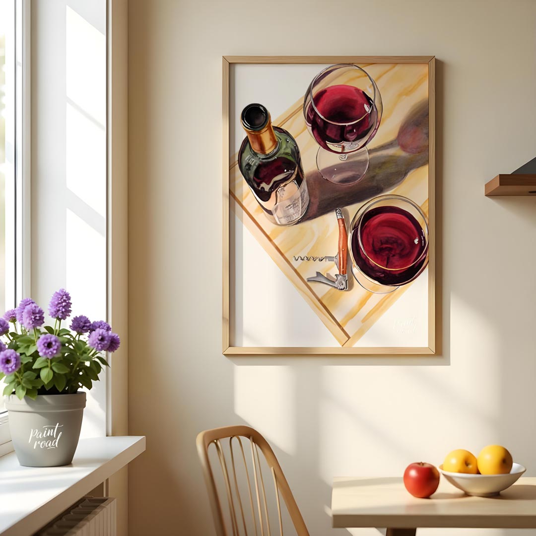 A stylish and graphic poster featuring a classic margarita cocktail. The artwork utilizes bold line… for dining room