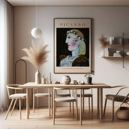 This elegant poster features Pablo Picasso’s “Portrait of Marie-Thérèse Walter with Garland,” paint… for dining room