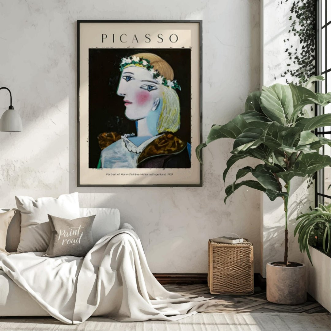 This elegant poster features Pablo Picasso’s “Portrait of Marie-Thérèse Walter with Garland,” paint… for living room