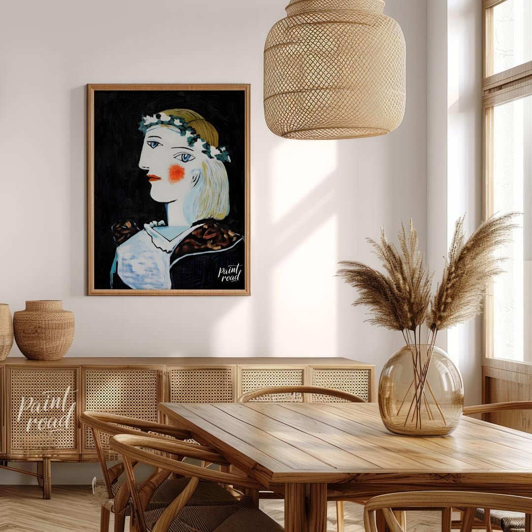 This captivating oil on canvas, “Portrait of Marie-Thérèse Walter with Garland,” is a vibrant examp… for dining room