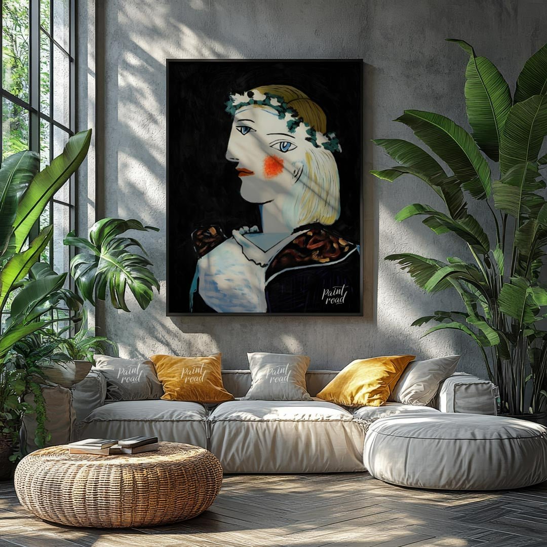 This captivating oil on canvas, “Portrait of Marie-Thérèse Walter with Garland,” is a vibrant examp… for living room