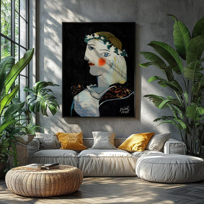 This captivating oil on canvas, “Portrait of Marie-Thérèse Walter with Garland,” is a vibrant examp… for living room