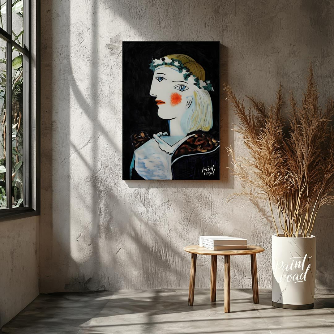 This captivating oil on canvas, “Portrait of Marie-Thérèse Walter with Garland,” is a vibrant examp… for living room