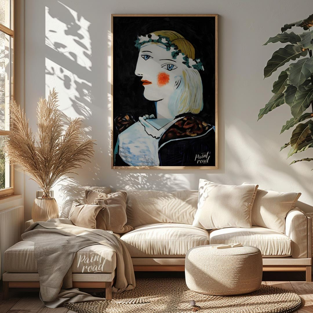 This captivating oil on canvas, “Portrait of Marie-Thérèse Walter with Garland,” is a vibrant examp… for living room