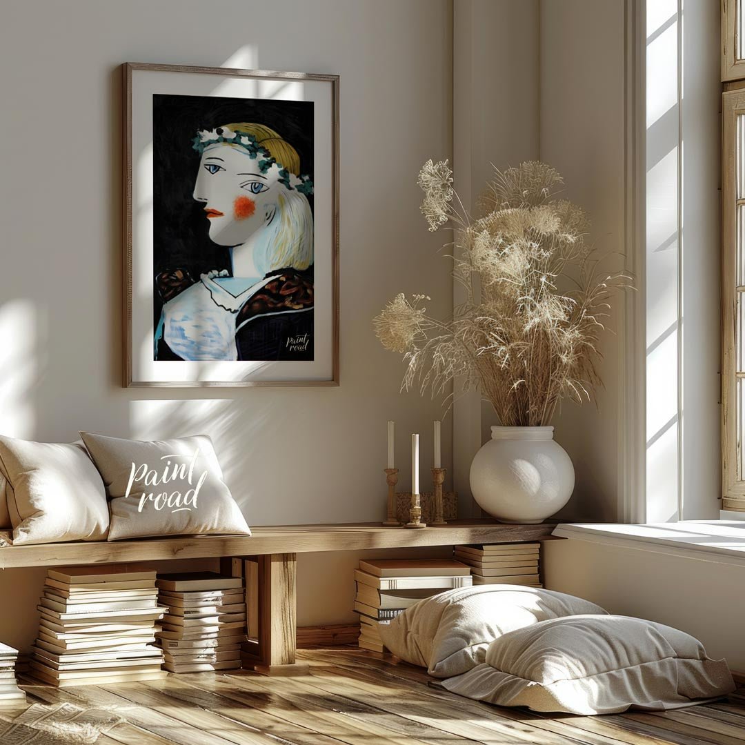 This captivating oil on canvas, “Portrait of Marie-Thérèse Walter with Garland,” is a vibrant examp… for living room