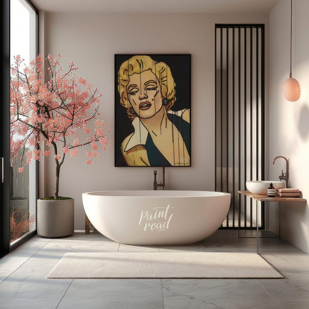 "Marilyn Fragment" presents a stylized portrait of Marilyn Monroe, rendered with bold lines and a f… for bathroom