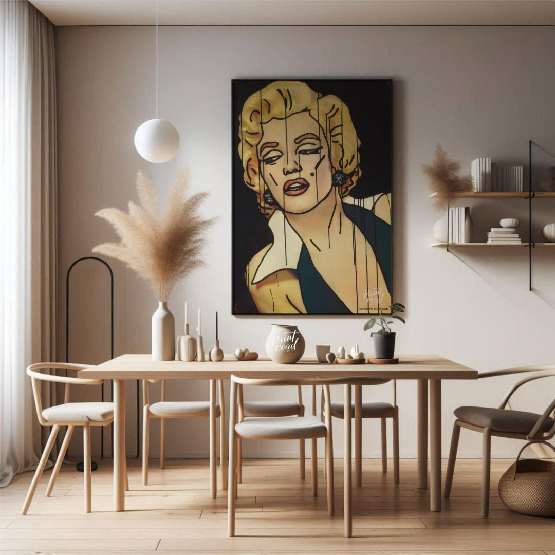 "Marilyn Fragment" presents a stylized portrait of Marilyn Monroe, rendered with bold lines and a f… for dining room