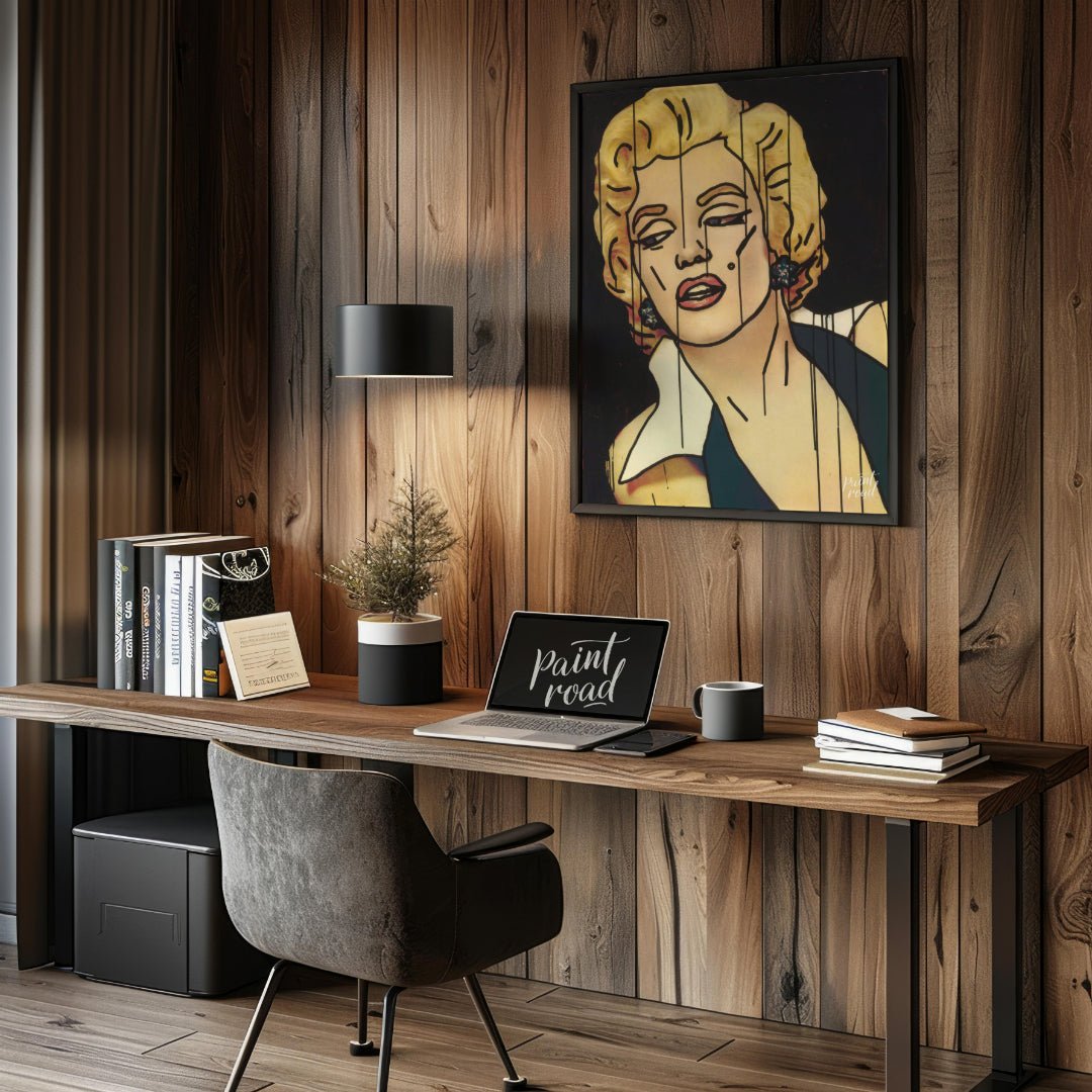 "Marilyn Fragment" presents a stylized portrait of Marilyn Monroe, rendered with bold lines and a f… for office
