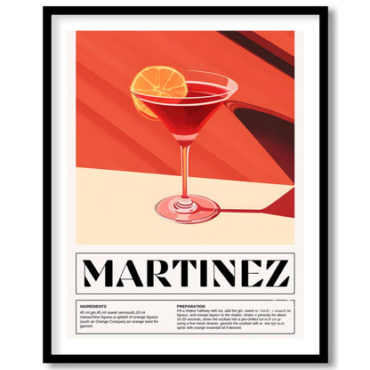 This sophisticated poster illustrates a Martinez cocktail, showcasing its rich, deep red hue in a c… for house