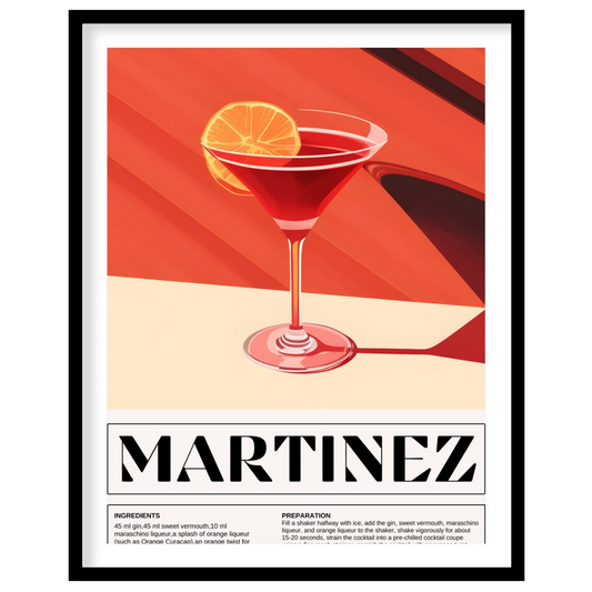 This sophisticated poster illustrates a Martinez cocktail, showcasing its rich, deep red hue in a c… for house