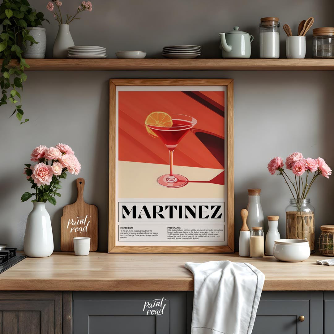 This sophisticated poster illustrates a Martinez cocktail, showcasing its rich, deep red hue in a c… for kitchen
