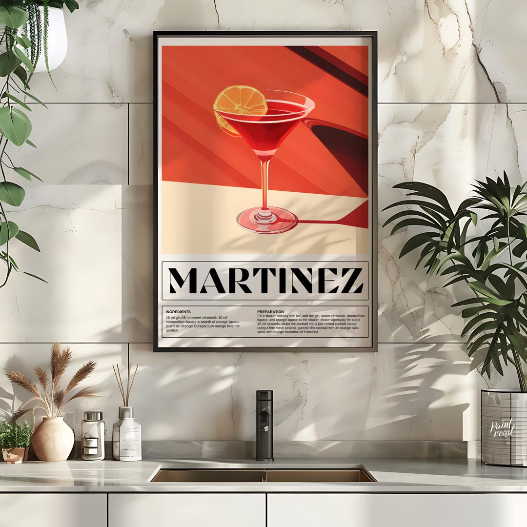 This sophisticated poster illustrates a Martinez cocktail, showcasing its rich, deep red hue in a c… for kitchen