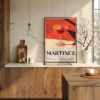 This sophisticated poster illustrates a Martinez cocktail, showcasing its rich, deep red hue in a c… for kitchen