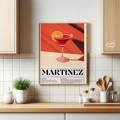 This sophisticated poster illustrates a Martinez cocktail, showcasing its rich, deep red hue in a c… for kitchen