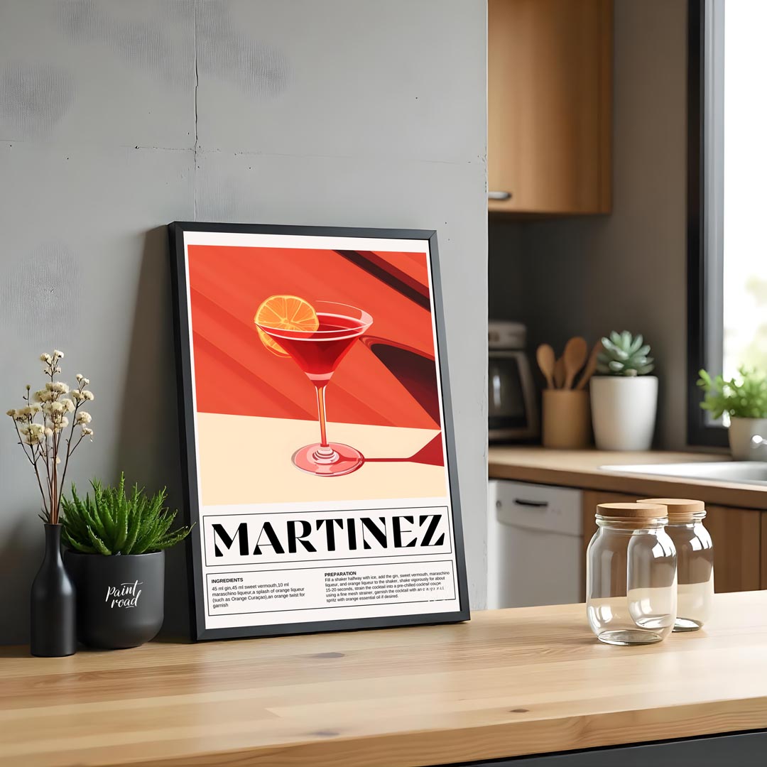 This sophisticated poster illustrates a Martinez cocktail, showcasing its rich, deep red hue in a c… for kitchen