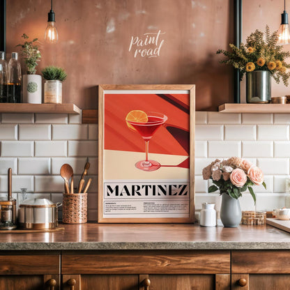 This sophisticated poster illustrates a Martinez cocktail, showcasing its rich, deep red hue in a c… for kitchen