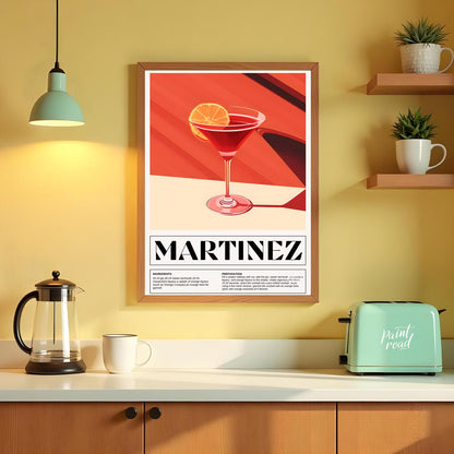 This sophisticated poster illustrates a Martinez cocktail, showcasing its rich, deep red hue in a c… for kitchen