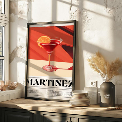 This sophisticated poster illustrates a Martinez cocktail, showcasing its rich, deep red hue in a c… for kitchen