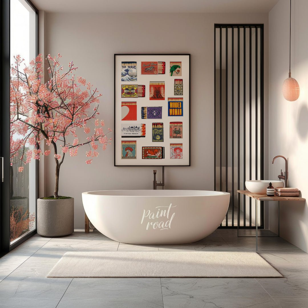 This curated image showcases a charming collection of various vintage and decorative matchbox desig… for bathroom