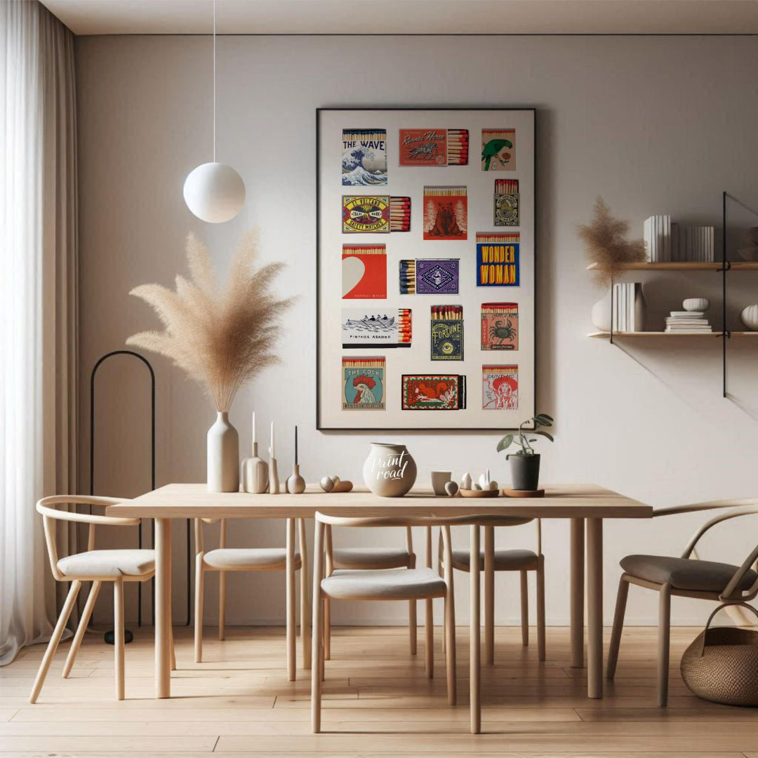This curated image showcases a charming collection of various vintage and decorative matchbox desig… for dining room