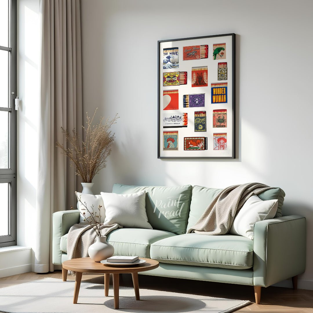 This curated image showcases a charming collection of various vintage and decorative matchbox desig… for living room
