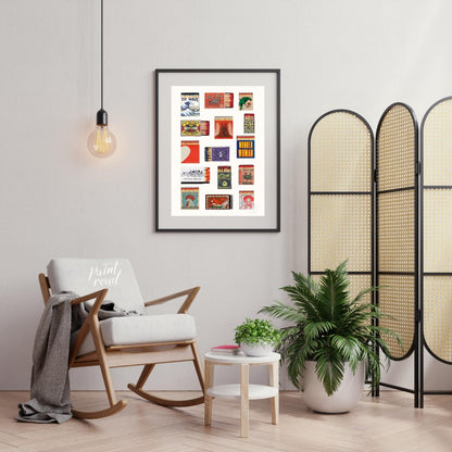 This curated image showcases a charming collection of various vintage and decorative matchbox desig… for living room