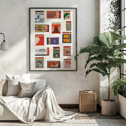 This curated image showcases a charming collection of various vintage and decorative matchbox desig… for living room