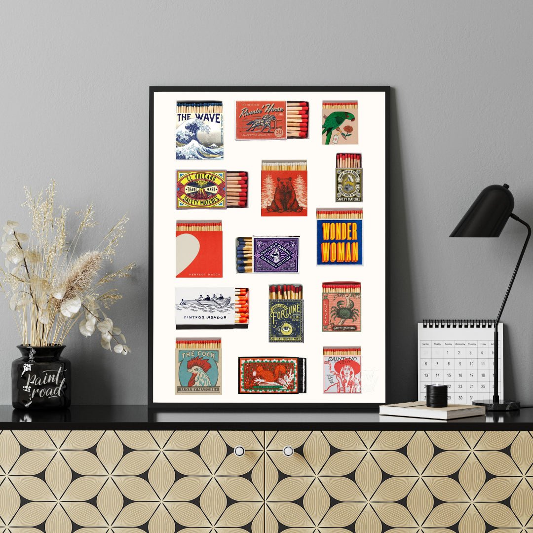 This curated image showcases a charming collection of various vintage and decorative matchbox desig… for office